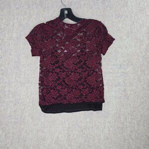 Polly & Esther Women Short-Sleeve Lace Rose Pattern Top Wine Red M Lined Stylish